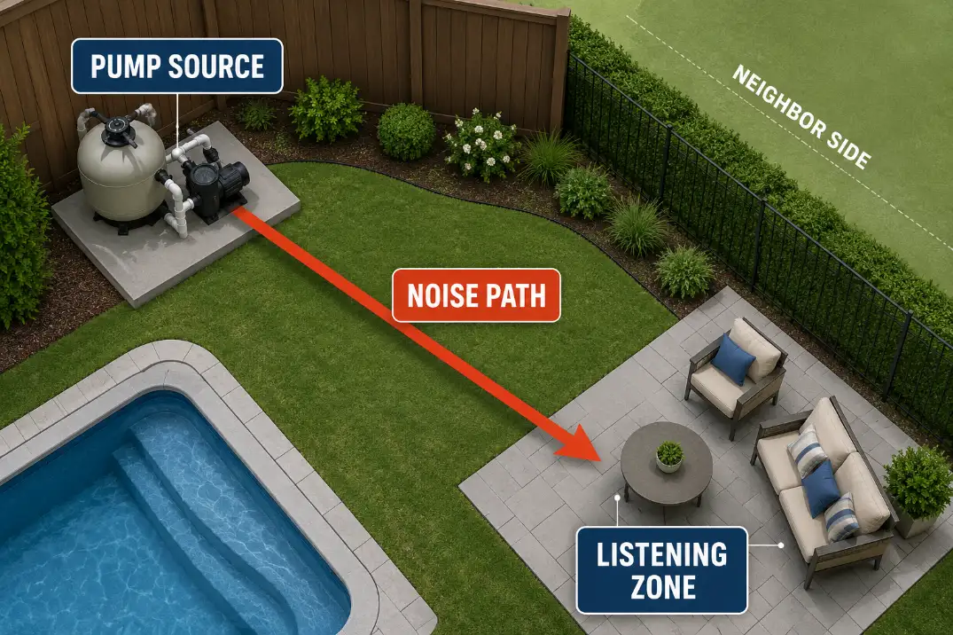 Overhead diagram showing a pool pump noise path from the equipment corner toward a backyard listening zone before screening.