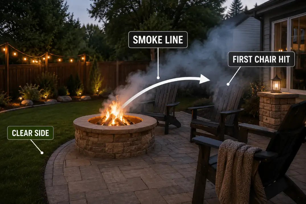 Backyard fire pit with smoke crossing the main seating line and hitting the first chair downwind.