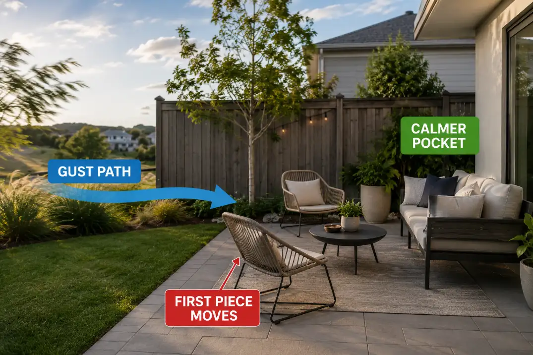 Backyard patio furniture layout showing the gust path hitting a lightweight chair before reaching the calmer seating pocket.