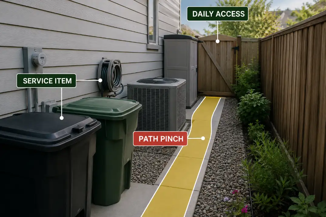 Narrow side yard utility zone showing trash bins, hose reel, AC unit, and storage cabinet pinching the access path.
