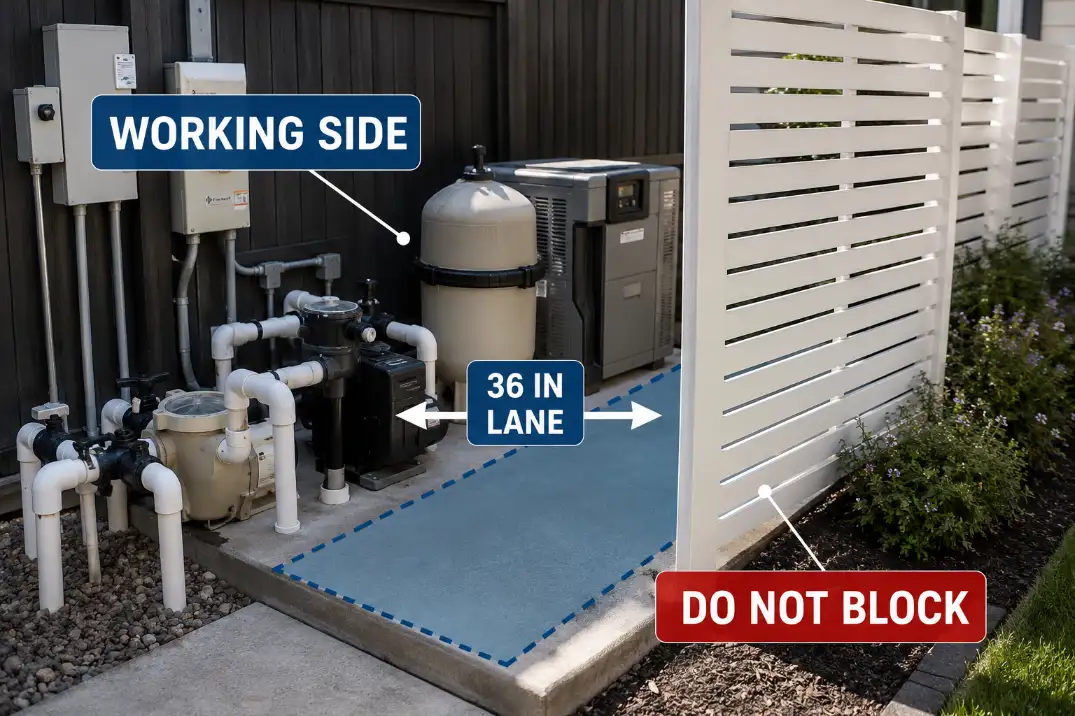 Pool equipment corner showing the working side and 36-inch access lane that should stay open in front of the pump and valves.
