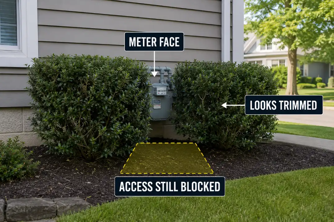 Trimmed shrubs still blocking the face and access space around a house-mounted utility meter.