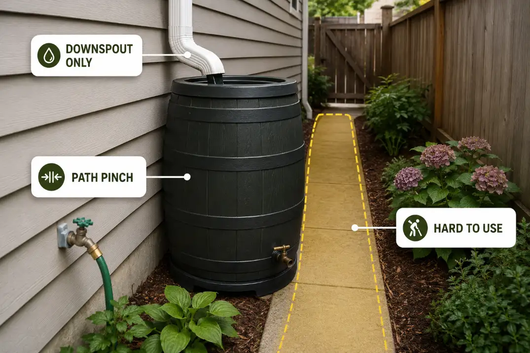 Rain barrel connected to a downspout but placed where it pinches a narrow side yard walkway.