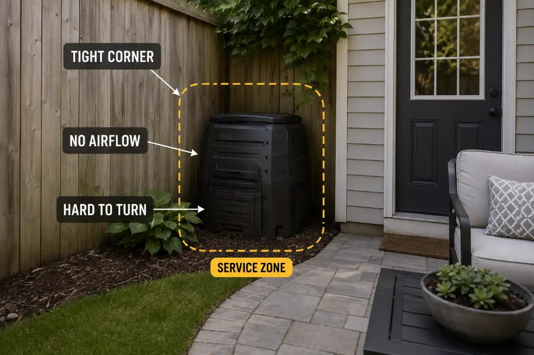 Compost bin squeezed into a shaded fence corner with poor airflow and limited working space in a small backyard.