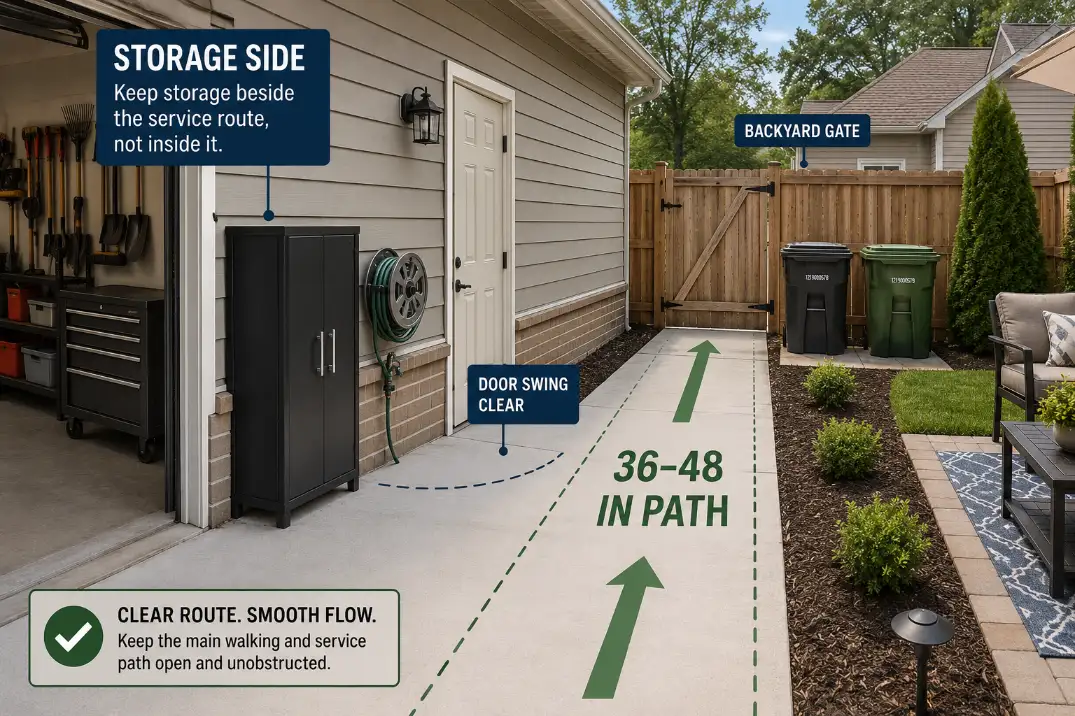 Garage-to-backyard utility route diagram showing bins, hose storage, and a tool cabinet beside a clear 36 to 48 inch service path.