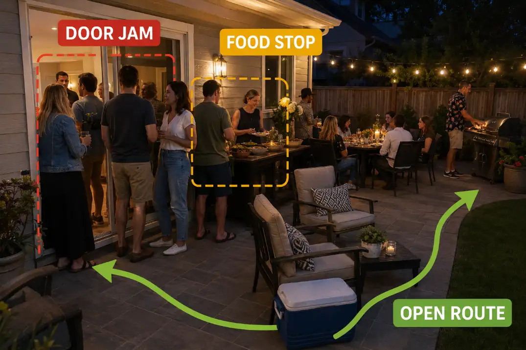 Backyard patio party layout showing a guest traffic jam where the back door, serving table, and seating route overlap.