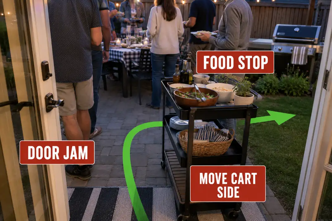 Crowded patio party showing a serving cart placed too close to the back door and blocking the food pickup route.