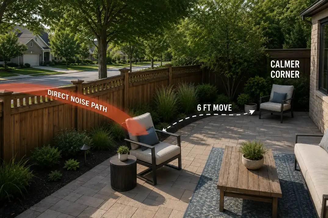 Backyard patio seating showing a direct noise path to one chair and a calmer corner created by moving seating 6 feet away.
