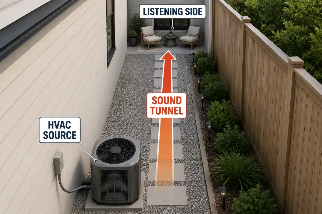 Overhead side yard diagram showing HVAC noise traveling through a narrow sound tunnel toward a listening area.