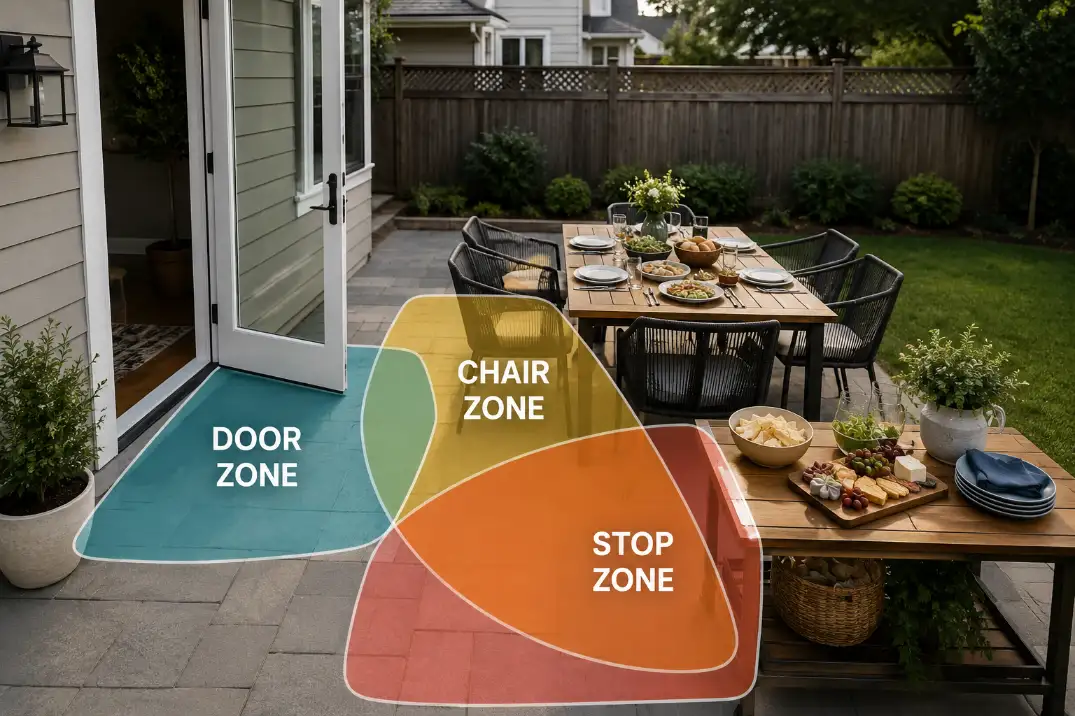 Small patio with a serving table overlapping the back door zone, dining chair pullback zone, and food stop zone.