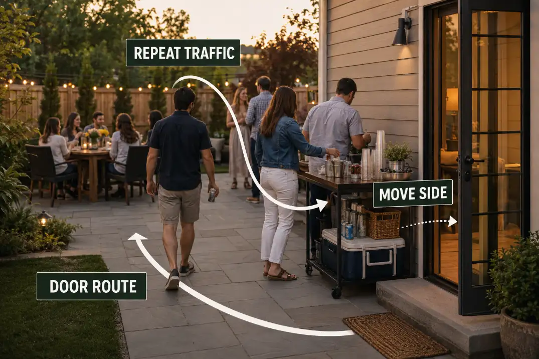 Backyard patio drink station showing repeat guest traffic crossing the main door route during an outdoor party.