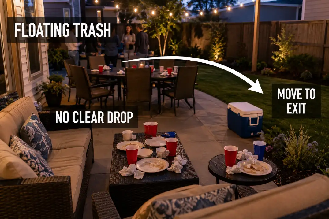 Backyard party seating area with plates and cups floating around because no clear outdoor trash station is visible.