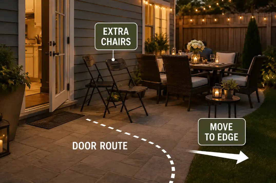 Small patio with extra folding chairs spilling into the walking route near the back door during a backyard gathering.