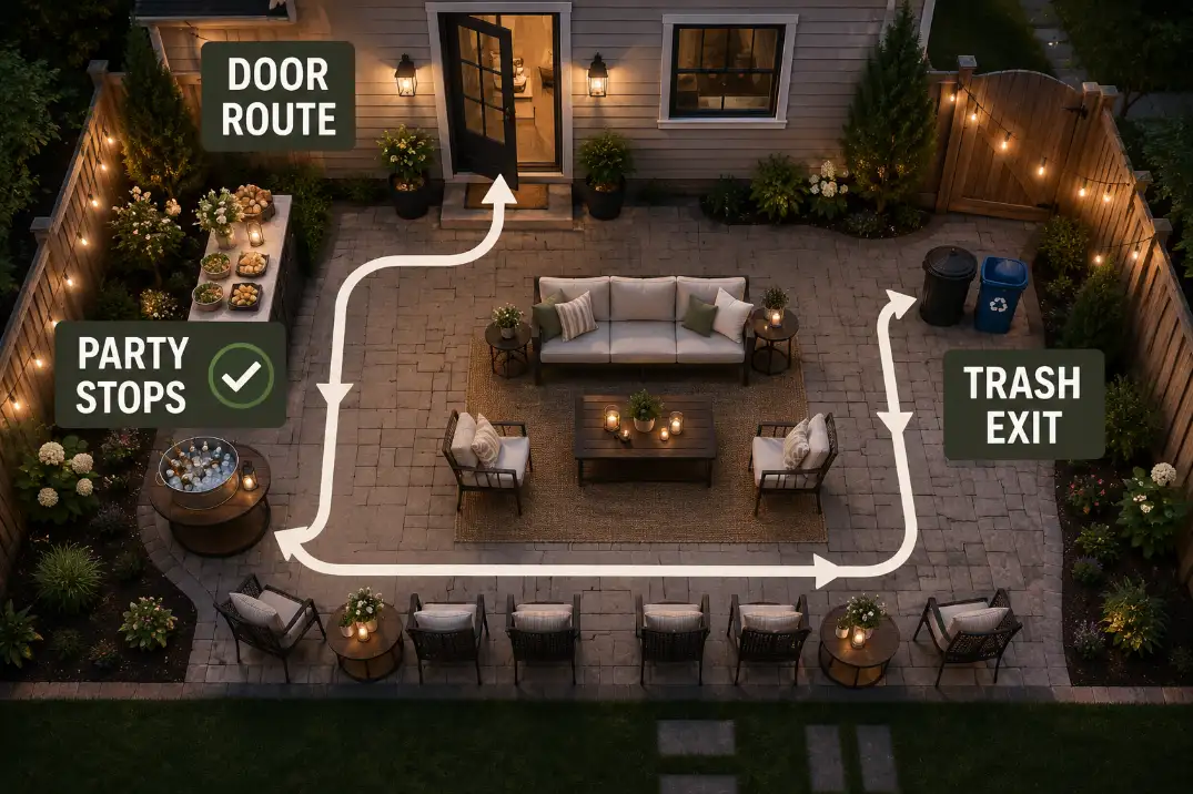 Overhead backyard party flow diagram showing a clear door route, side serving stop, seating area, and trash exit without a patio bottleneck.