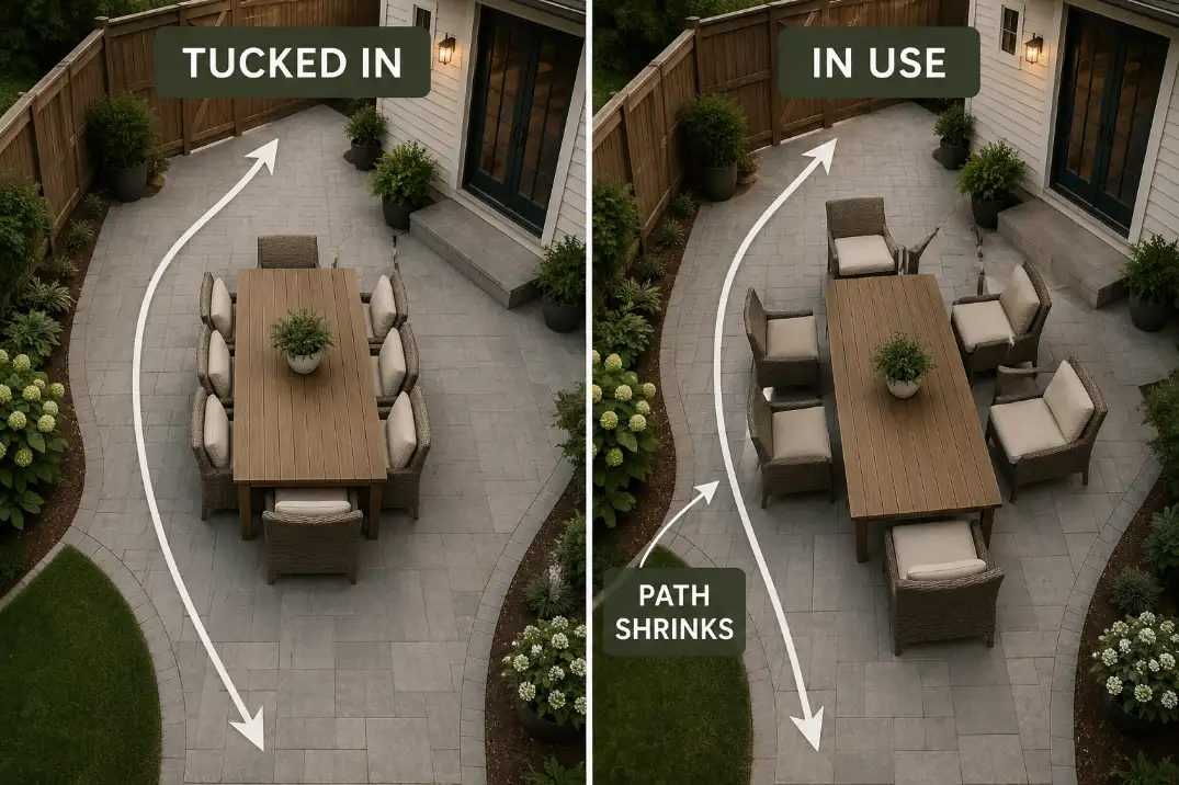 Comparison of outdoor dining chairs tucked in versus pulled back showing how guest clearance reduces the walking path.