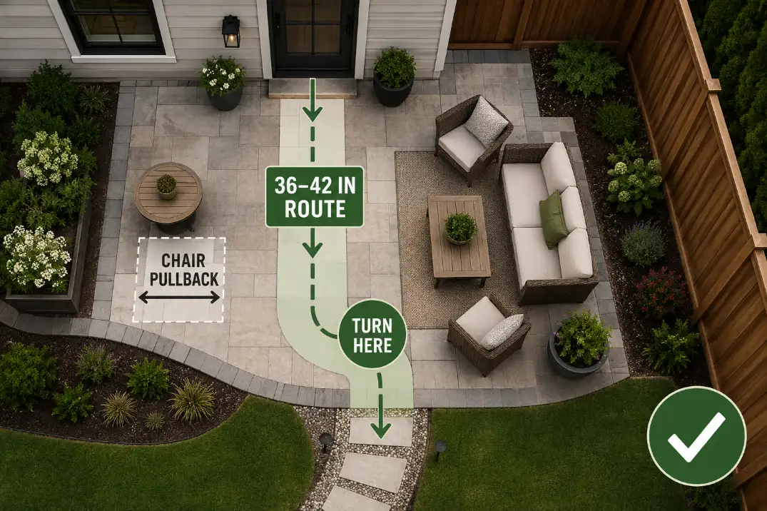 Overhead patio diagram showing a 36 to 42 inch clear route, chair pullback space, and a turning area near outdoor seating.