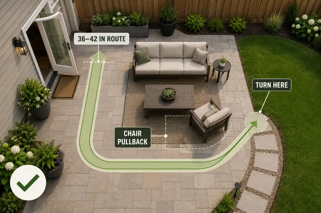 Overhead patio diagram showing a 36 to 42 inch clear route, chair pullback space, and a turning area near outdoor seating.