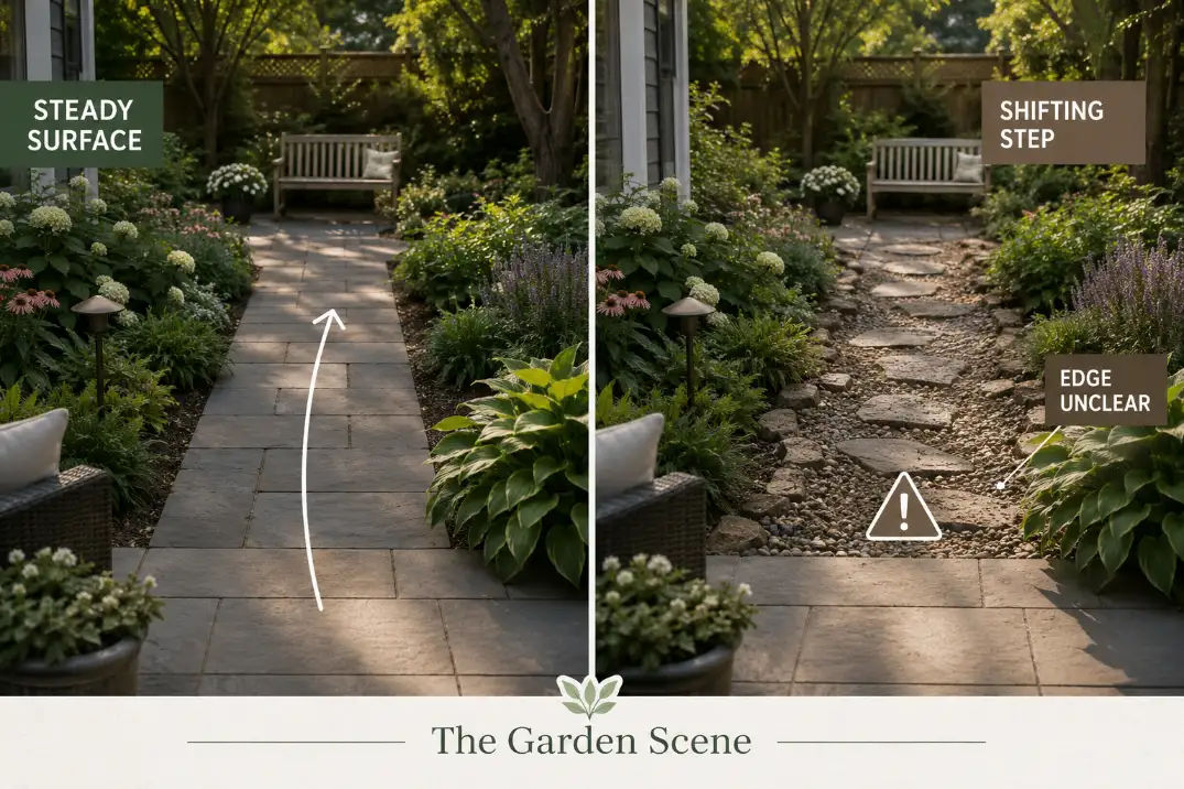 Comparison of a steady senior-friendly garden path and a shifting decorative path with unclear edges.