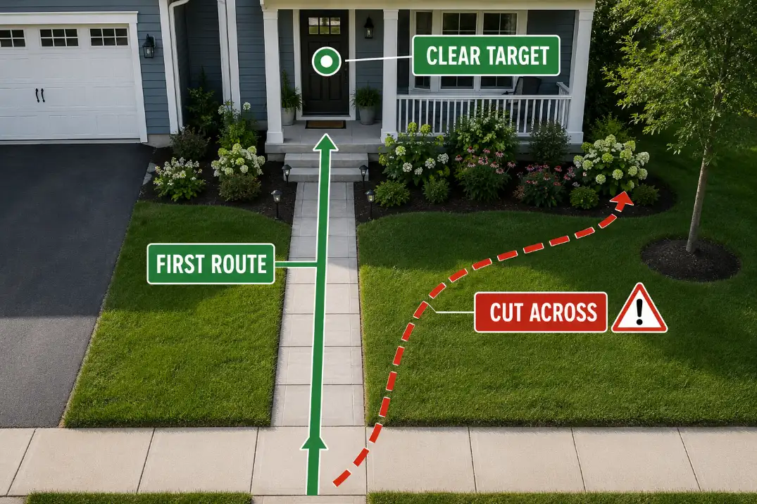 Overhead front yard walkway diagram showing the clear first route to the door versus a confusing shortcut across the lawn.