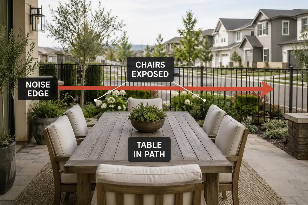Outdoor dining table placed in a direct noise path with exposed chairs near the open edge of the patio.