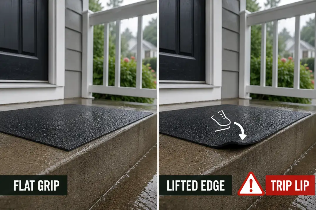 Comparison of a flat non-slip outdoor step tread and a curled tread edge that creates a trip lip on wet porch steps.