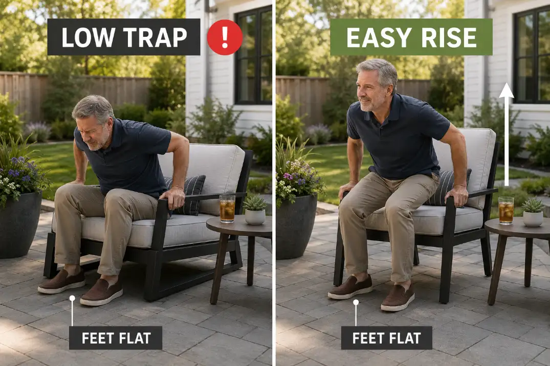 Comparison of a low deep outdoor lounge chair and a higher upright patio chair showing easier standing position.