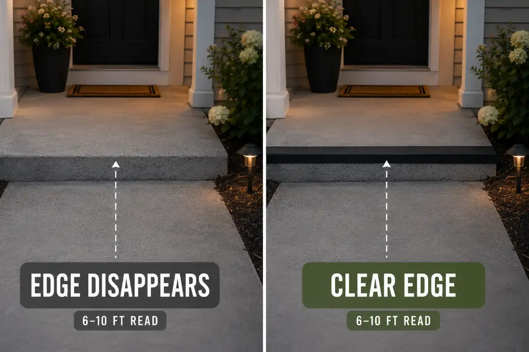 Comparison of outdoor entry steps where one low-contrast edge disappears and the other has a clear visible edge strip.