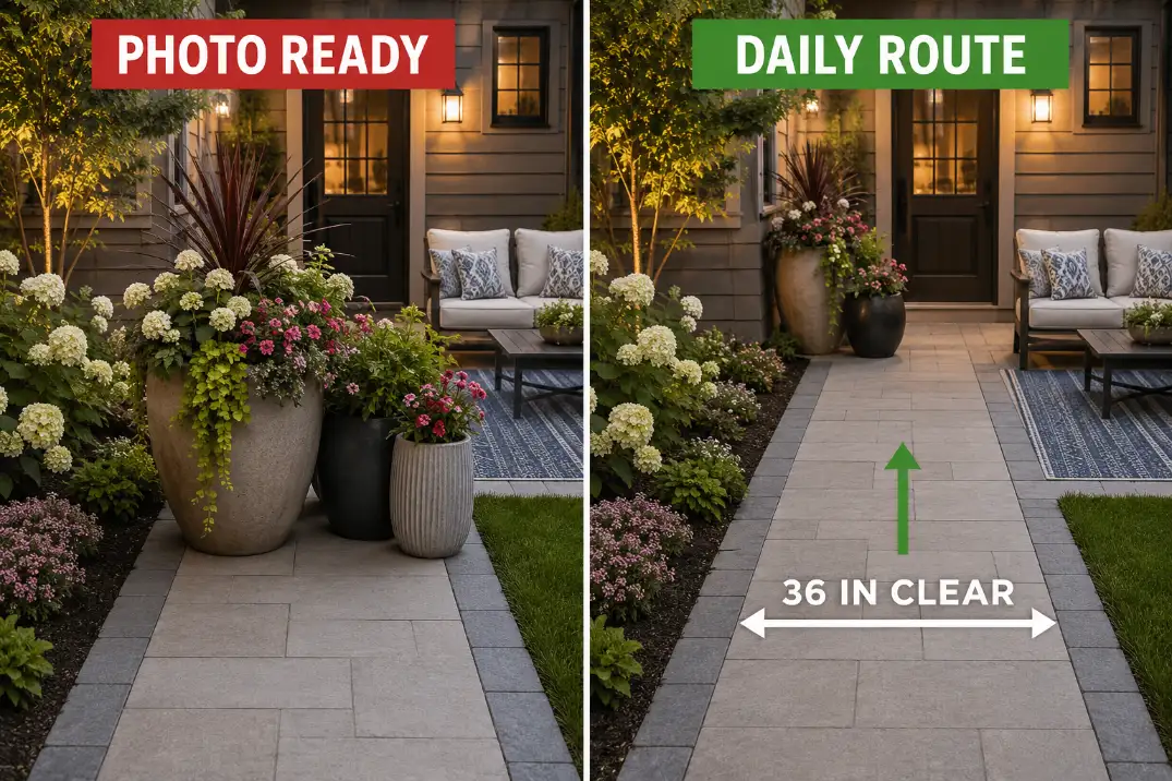 Comparison of decorative planters narrowing a patio walkway versus planters arranged to preserve a clear walking route.