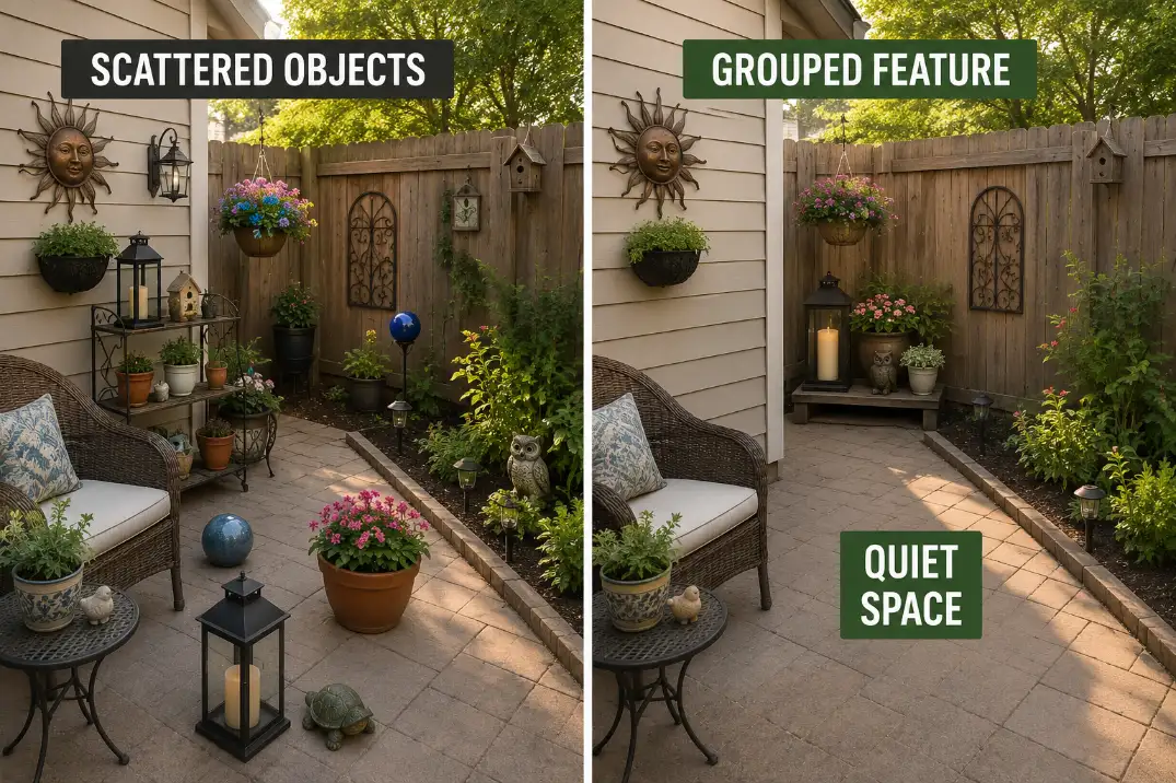 Comparison of a small backyard patio with scattered decor objects versus grouped decor that leaves quiet visual space.