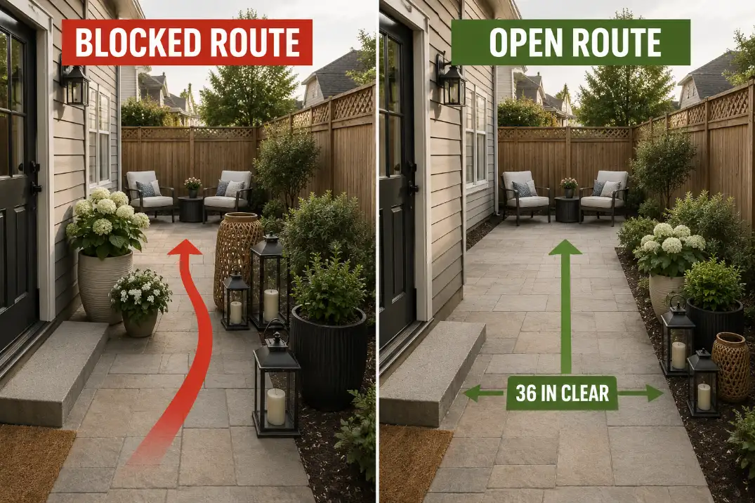 Split comparison of a backyard patio route blocked by garden decor versus the same route kept clear with decor moved to the edge.