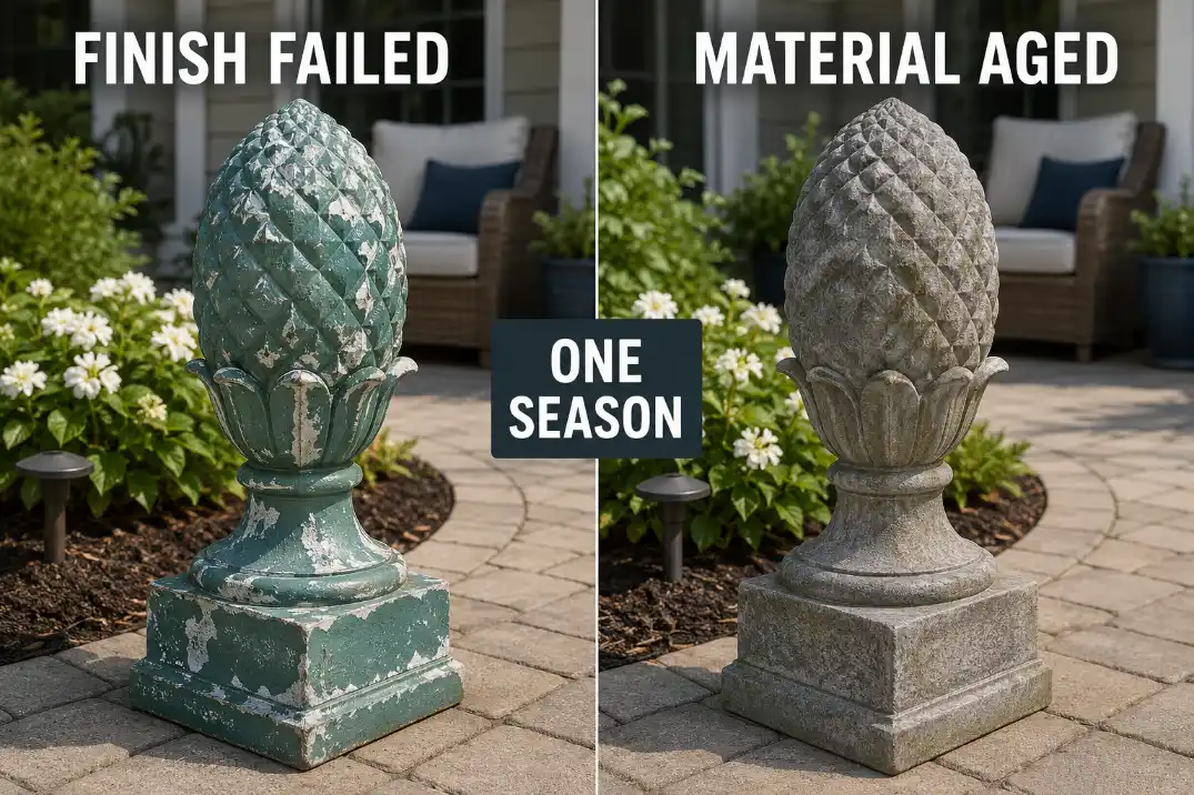Comparison of garden decor aging outdoors, showing a failed painted finish beside a durable material with natural patina.