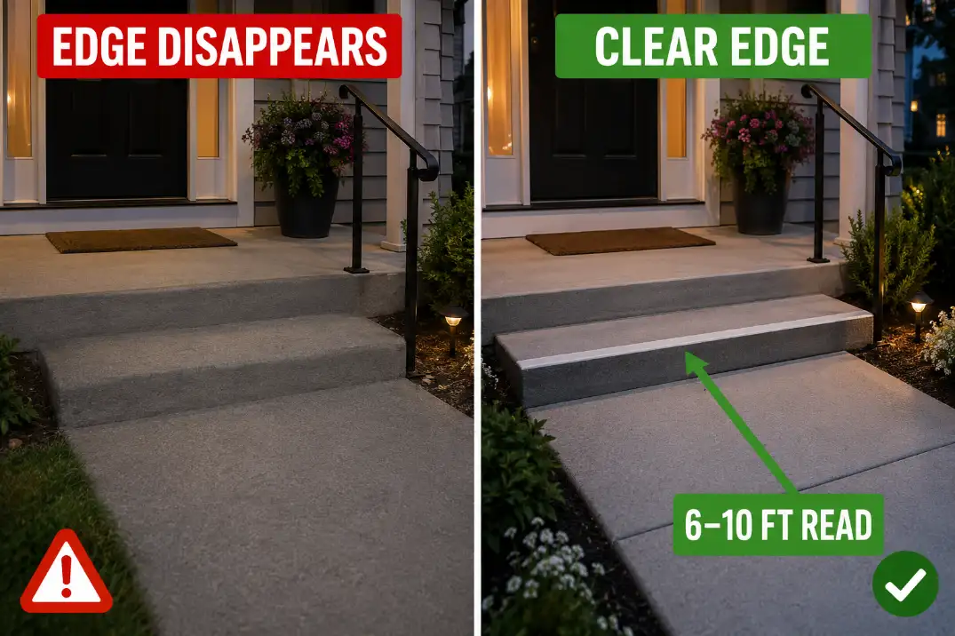 Comparison of a front step edge blending into the landing versus a clear contrasting edge visible from six to ten feet away.