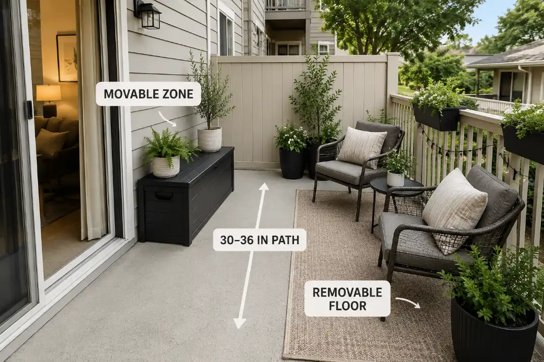 Small rental patio showing movable furniture, removable flooring, planters, and storage arranged around a clear 30 to 36 inch walking path.