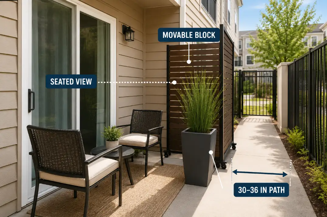 Movable patio privacy zone showing a freestanding screen blocking the seated view while keeping a 30 to 36 inch path open.