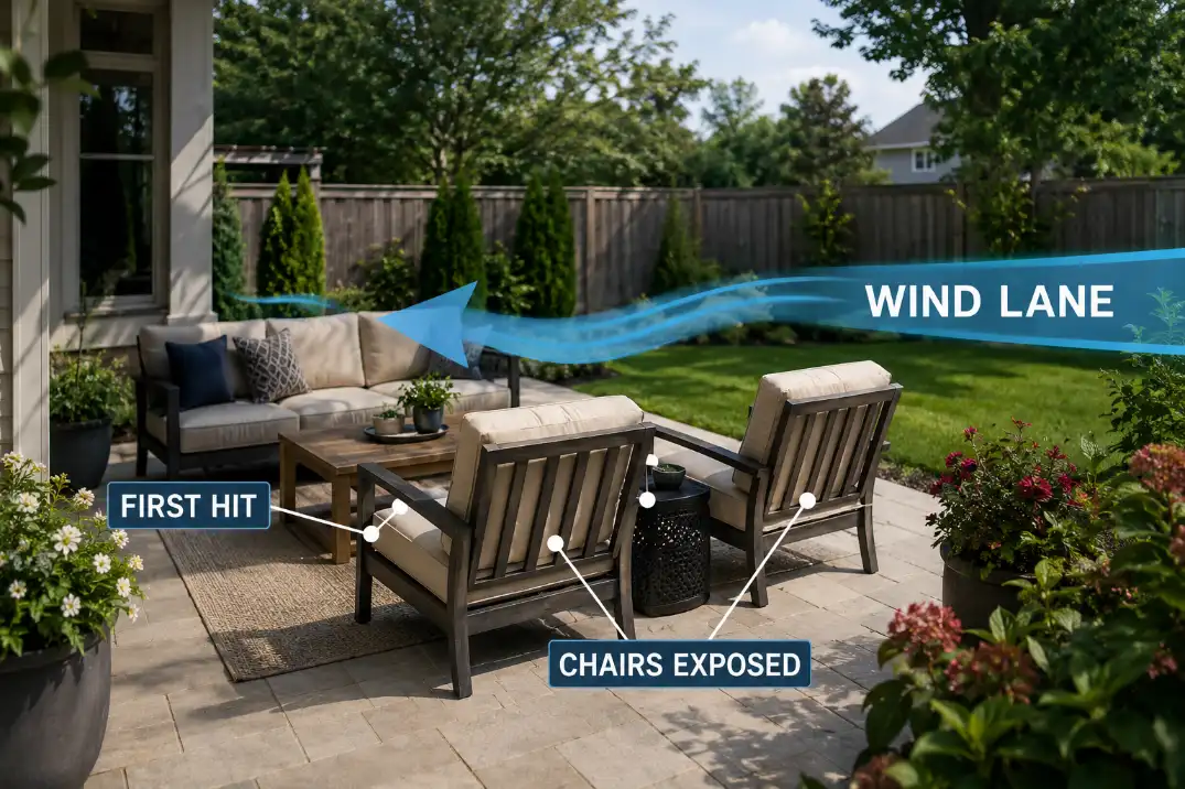 Patio seating exposed to a wind lane from one open side with labels showing the first hit point and exposed chairs.