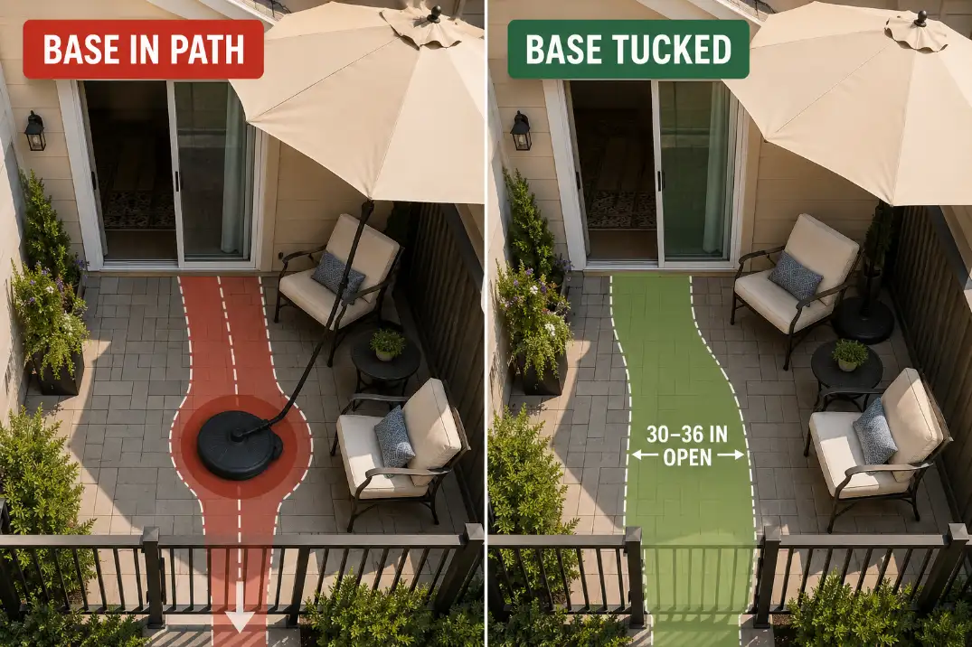 Comparison of a no-drill patio umbrella base blocking the door path versus a tucked base that keeps a 30 to 36 inch route open.