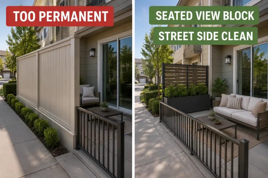 Comparison of an HOA patio with a tall restricted-looking privacy wall versus a lower planter screen that blocks only the seated view.