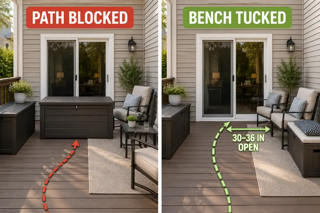 Comparison of temporary outdoor storage blocking a patio door path versus a narrow storage bench keeping a 30–36 inch route open.