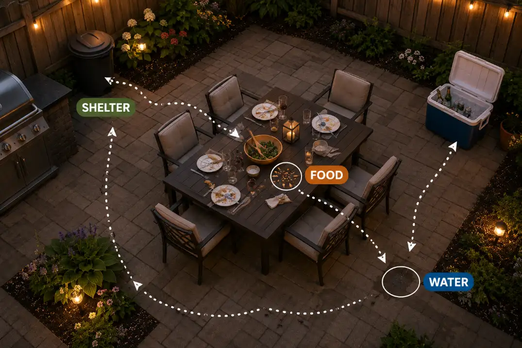 Overhead patio diagram showing pest routes between food residue, water, shelter, and seating around an outdoor dining area.