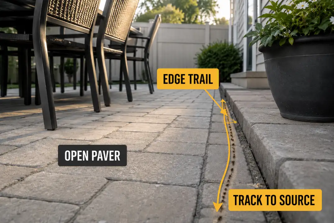 Ant trail following the edge of a paver joint beside patio furniture instead of crossing the open patio surface.