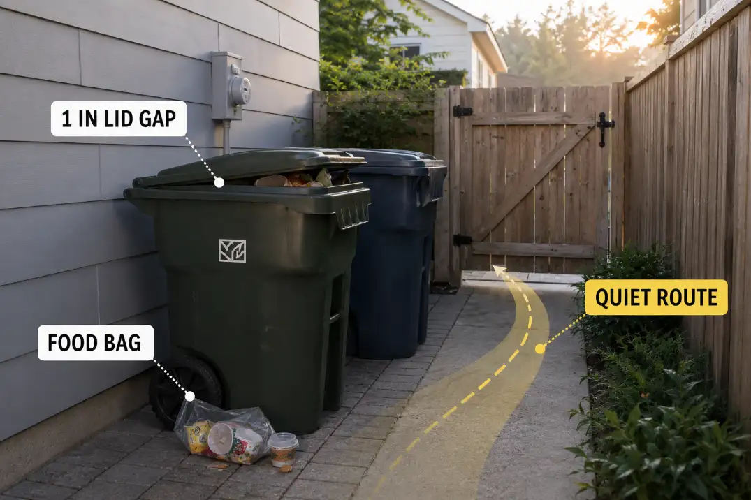 Loose trash bin lid in a suburban side yard showing a one inch lid gap, food bag, and quiet raccoon access route.