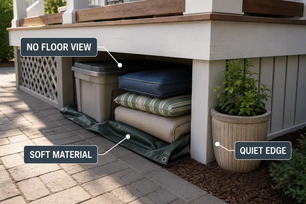 Backyard deck storage corner with covered ground, cushion material, and a quiet edge that can hide rodents.