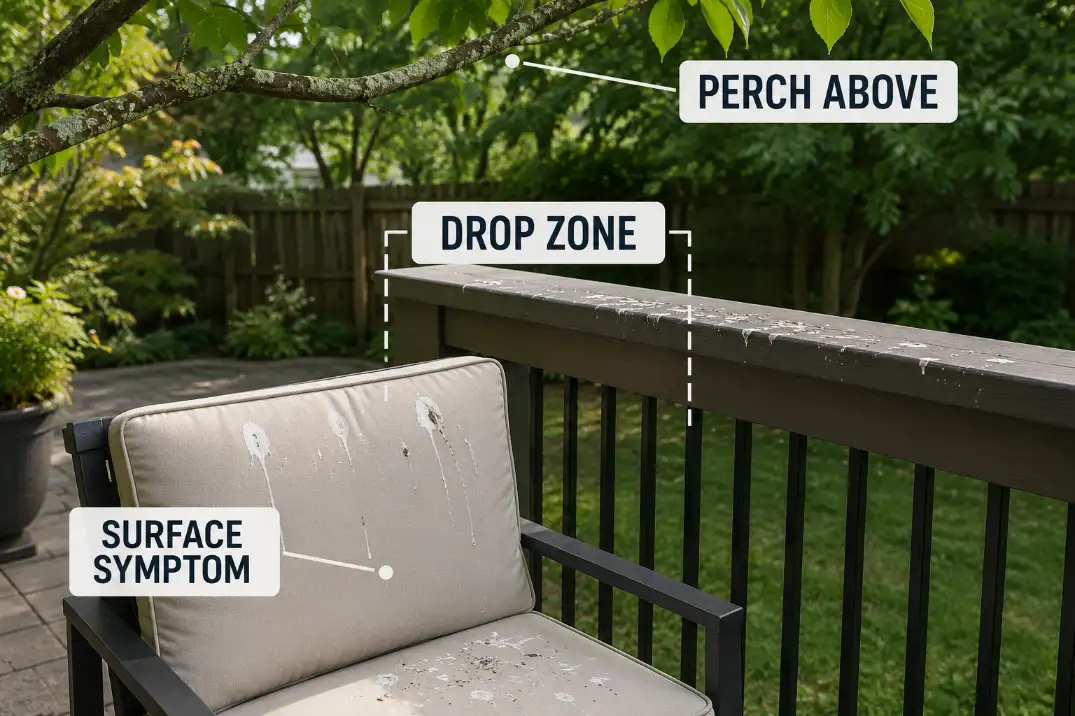 Patio chair and deck railing with bird droppings directly below an overhead perch line.