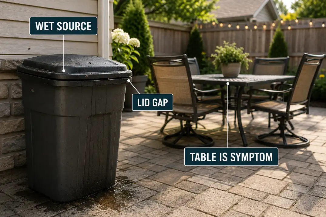 Outdoor trash bin with a damp stain and lid gap attracting flies near a patio dining area.