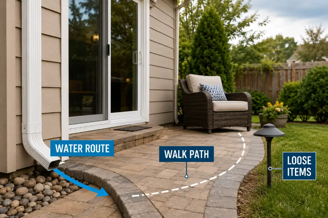 Backyard patio readiness check showing water route, walking path, and loose outdoor items before seasonal weather changes.