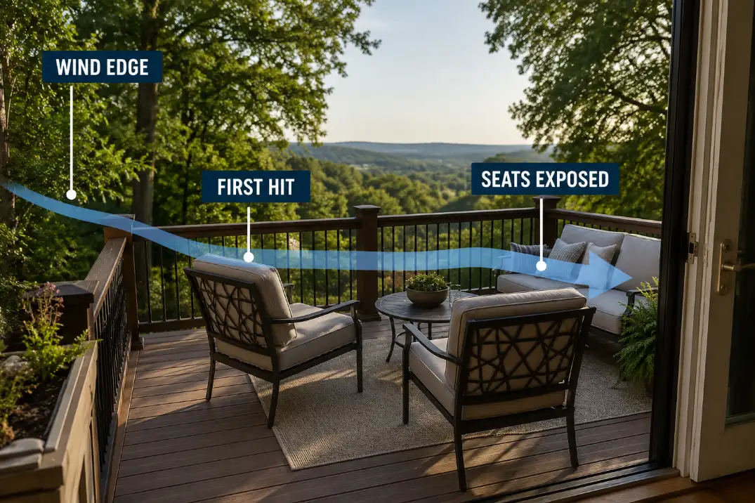 Raised deck seating exposed to wind entering from one side railing before crossing the chair backs.