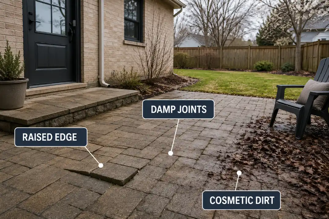 Spring patio winter damage check showing a raised paver edge, damp joints, and cosmetic dirt that is less urgent.