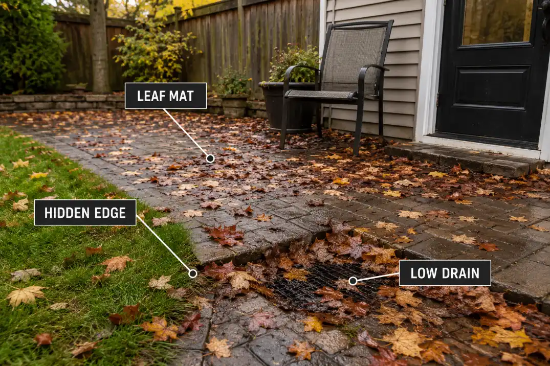 Wet fall leaves hiding a patio edge, low drain area, and backyard walking route during cleanup.