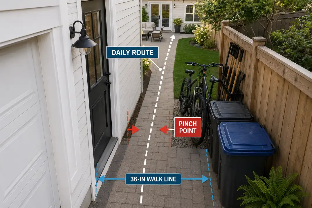 Overhead garage-to-backyard access route showing bins, bikes, and tools pinching a 36-inch daily walking line.
