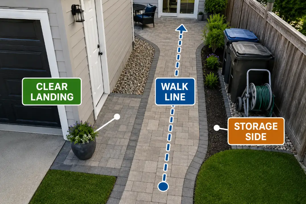 Overhead view of a garage side door walkway showing a clear landing, walk line, and storage side.